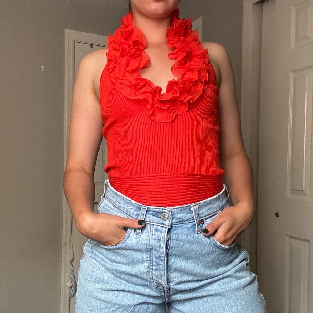 Vintage Cache ruffles  ribbed halter top